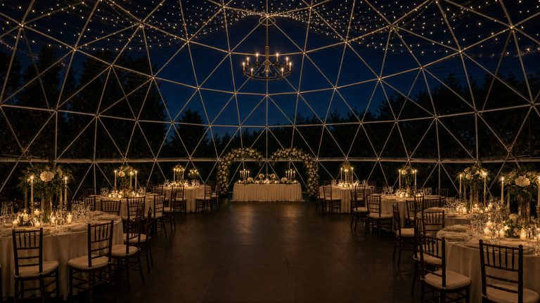 The inside of the glass pavilion after dark, laid for a dinner: candlelit round tables and a long table under the triangulated roof