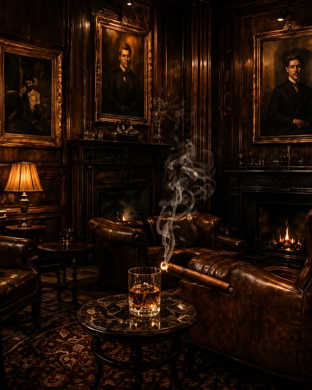 A dark panelled room with leather armchairs drawn up to a lit hearth