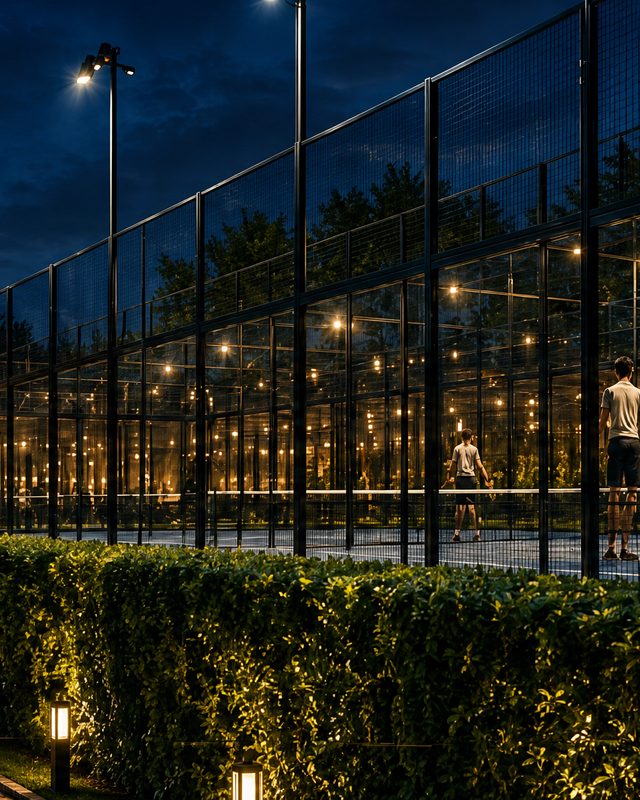 A glazed padel court lit from within at night