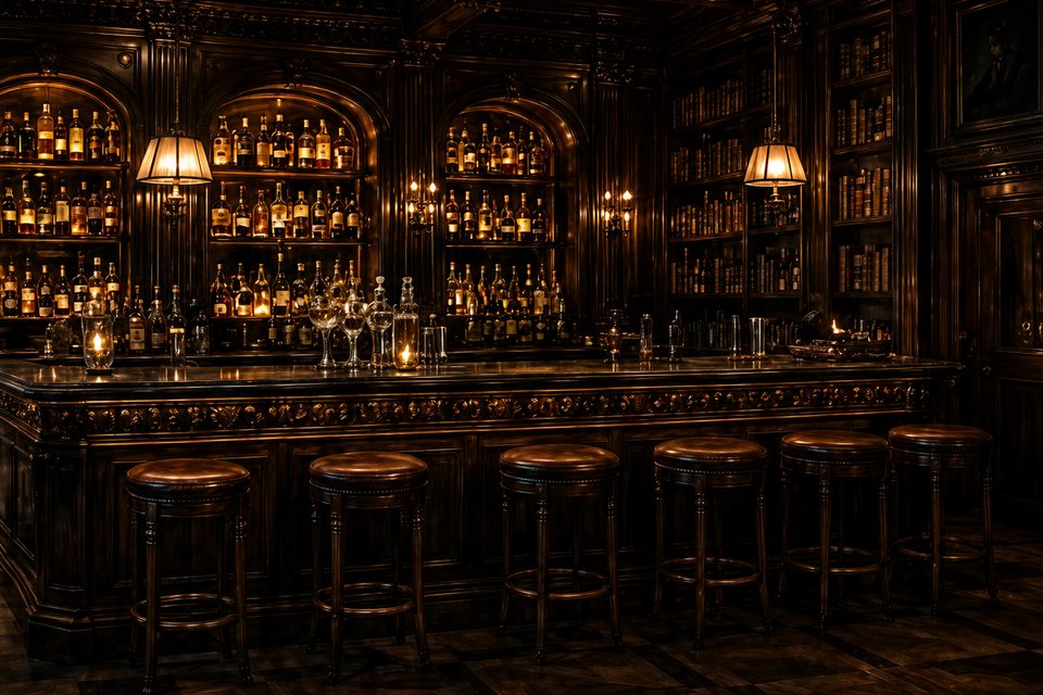 The manor bar, its back wall stacked with bottles under low lamps