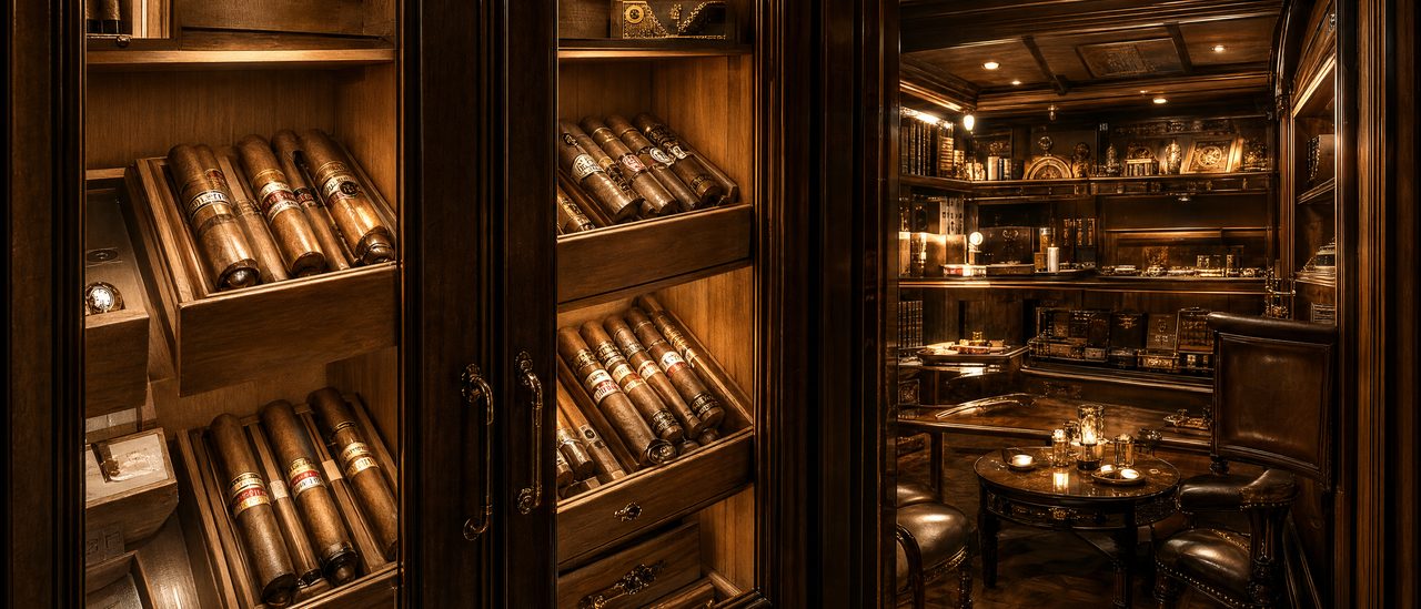 The humidor, its drawers open along the wall of the cigar house