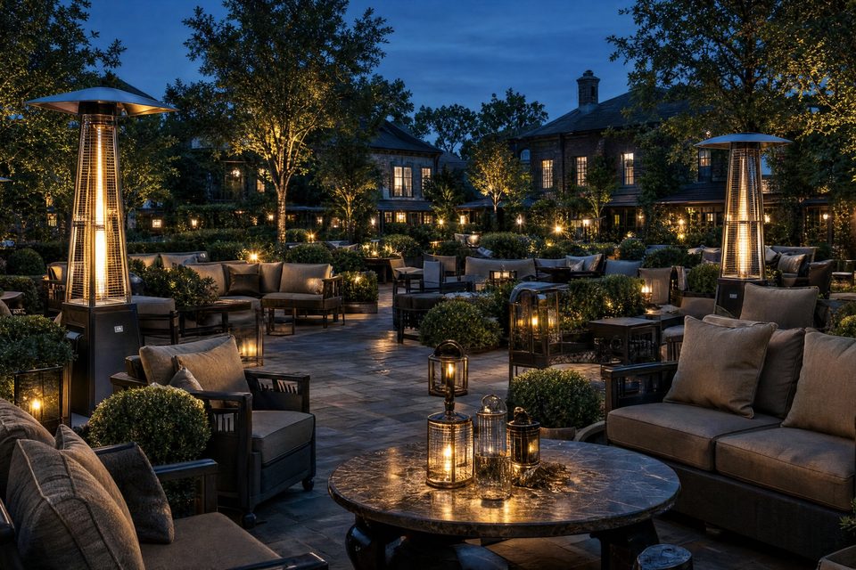 The terrace of the cigar house after dark, heaters lit between the sofas