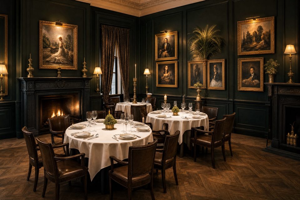The chef's room, two tables before a lit fire and a wall of pictures