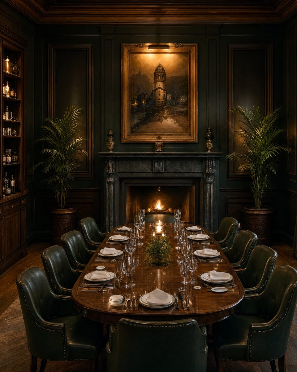 The private dining room, one long table set for a closed party