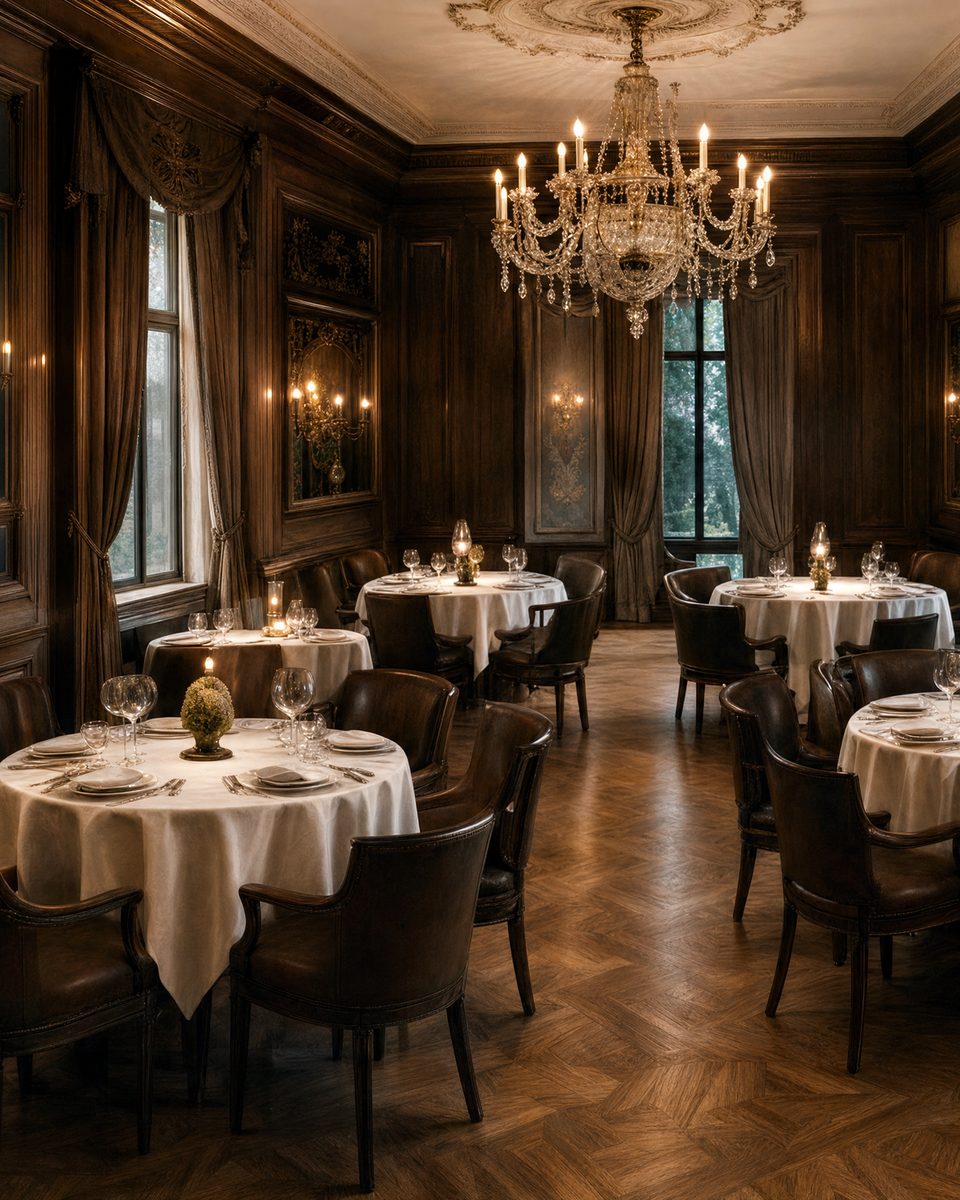 The dining salon, tables laid in white linen beneath the chandelier