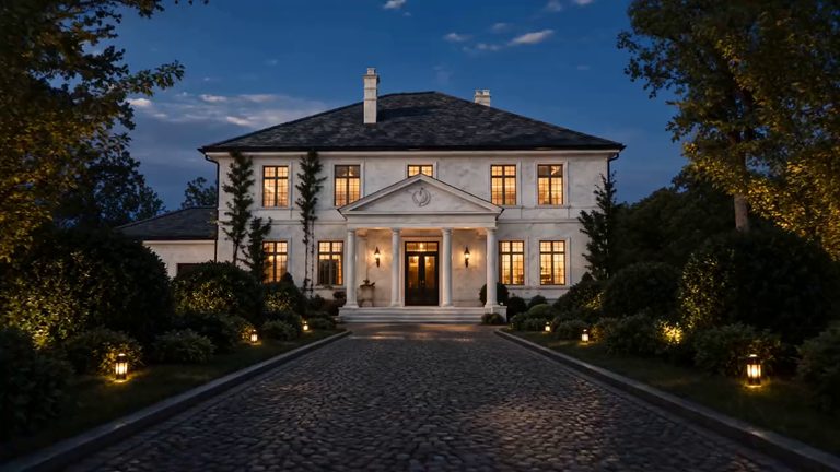 The manor at blue hour, its windows lit, seen across the cobbled forecourt