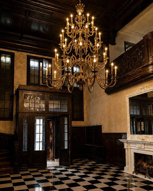 The hall, its chandelier over a chequered marble floor