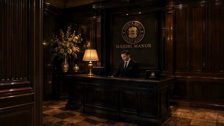 The reception hall, panelled in dark wood, the house crest on the wall behind the desk