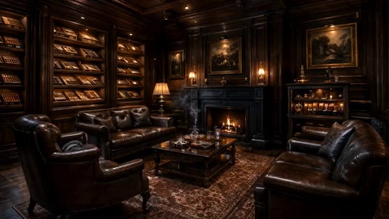 The cigar lounge, firelight across leather and dark panelling