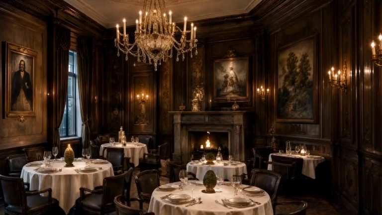 The dining salon by candlelight, its chandelier lit and a fire in the chimneypiece