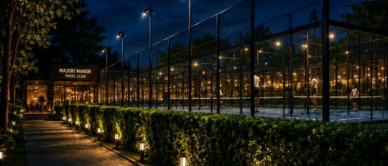 The padel courts at night, floodlit behind a clipped hedge, a rally in progress