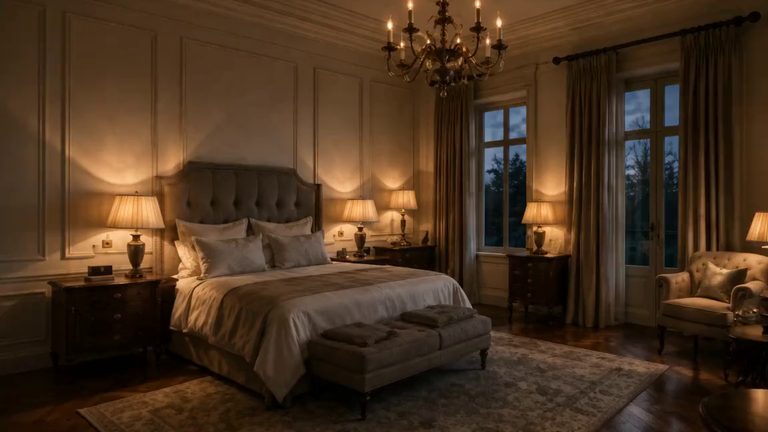 The main manor suite by lamplight, the curtains stirring at the window