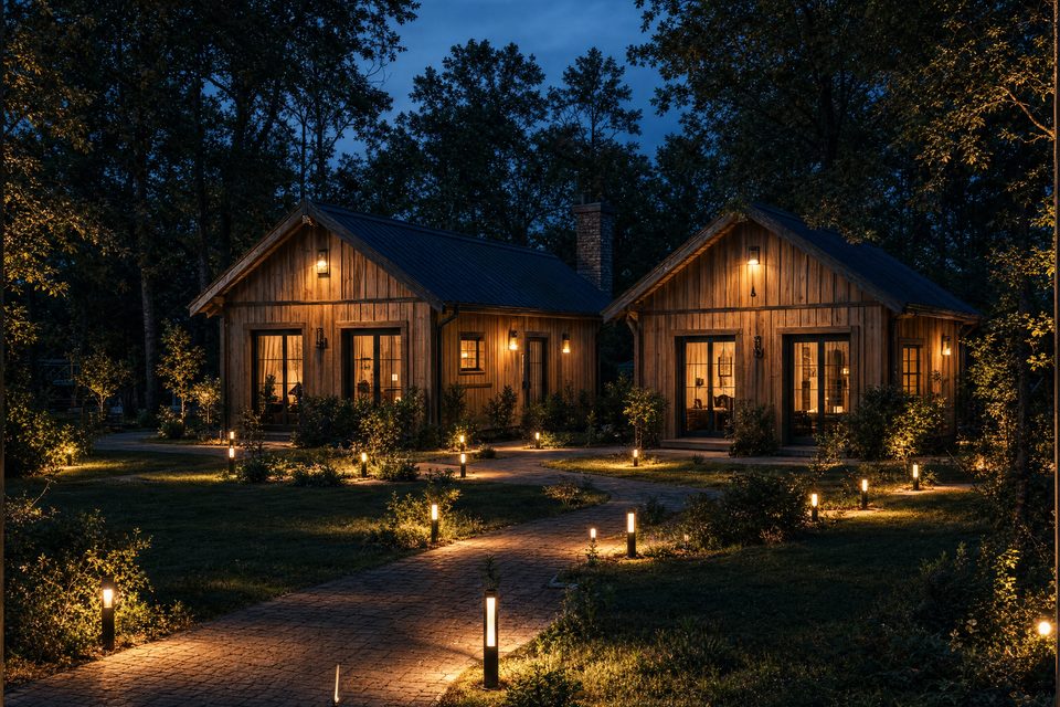 The cottages among the trees, their paths lit for the evening