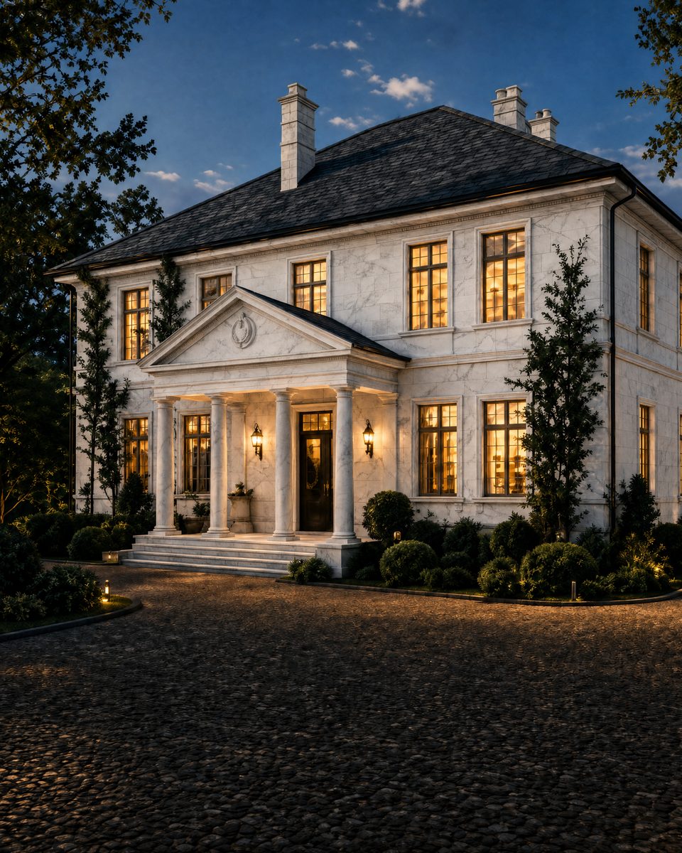 The guest house at dusk, its windows lit above the cobbled forecourt