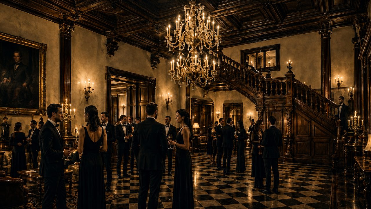 The great hall on an evening, guests in black tie beneath the chandelier