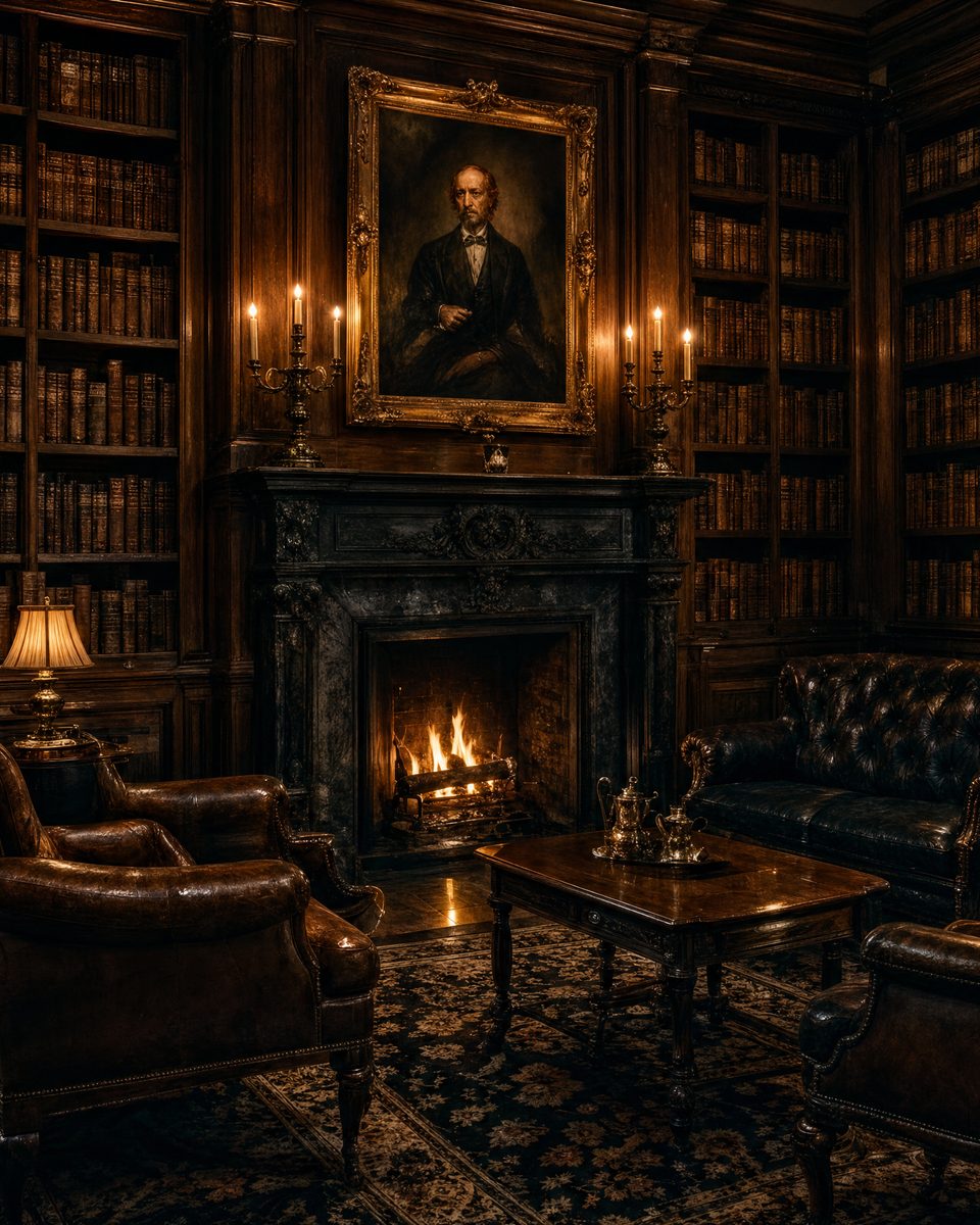 The library, its fire lit, a portrait above the chimneypiece