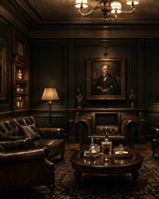 The cigar room, leather chairs drawn up to a low table