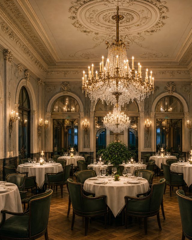 The grand dining room laid for service under its chandeliers