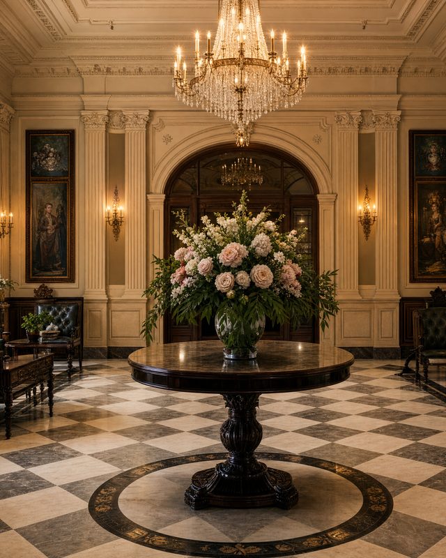 The entrance hall, chequered marble underfoot, flowers on a round table