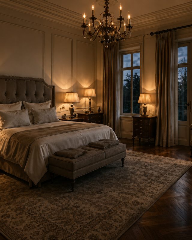 The main manor suite, its bedside lamps lit