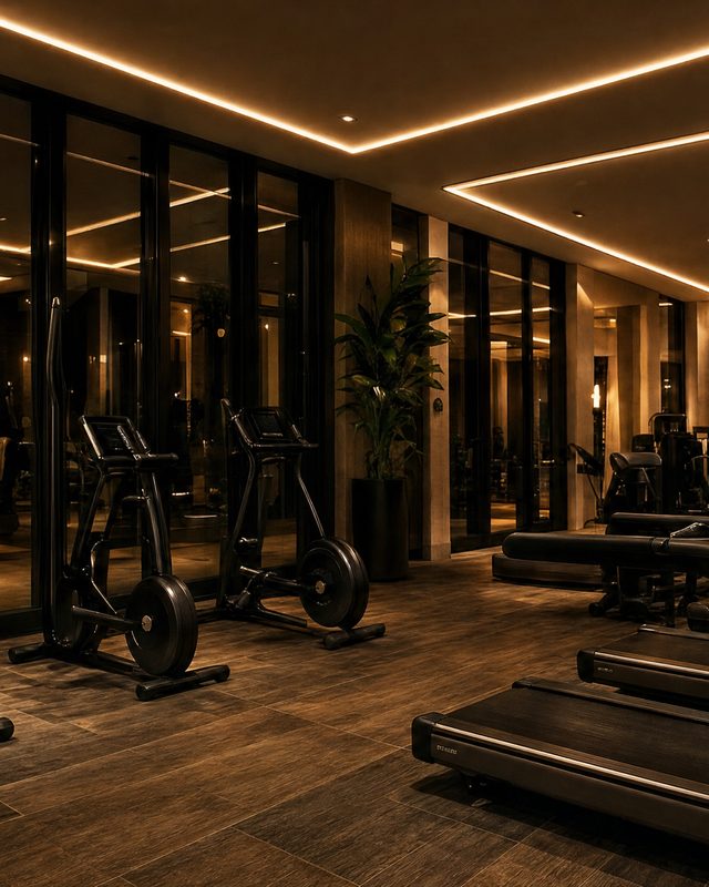 The gym, lit low along a glazed wall