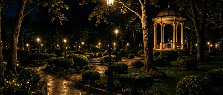 The estate park at night: lamps down a wet gravel path, clipped box hedging either side, mature trees closing overhead, and a small open pavilion standing off among them