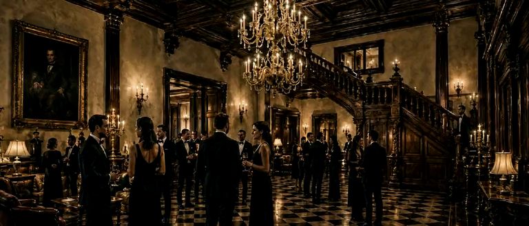 The great hall of the house on an evening: people in evening dress standing about it in small groups, a chandelier over the chequered marble floor, and the timber staircase rising behind them