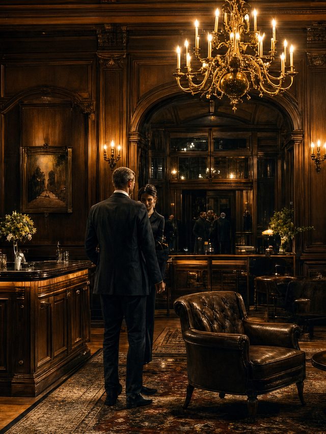 A man standing at the bar of a panelled room, seen from behind, with a lit chandelier above and a leather armchair beside him