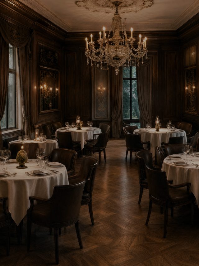 A panelled dining room by chandelier light: round tables laid with white linen, glasses and candles, herringbone parquet, and tall curtained windows