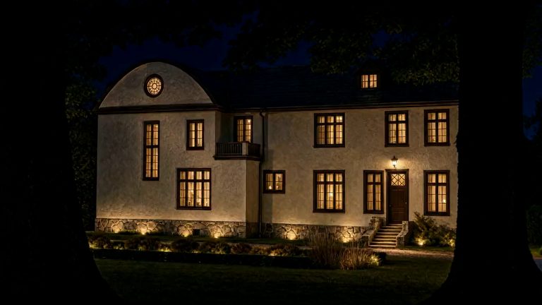 The manor house at night seen from among the trees of the park: warm lamplight in the windows, a lantern burning over the panelled front door, low light grazing the stone plinth and the clipped hedges, and the dark trunks of two mature trees standing at either side of the frame