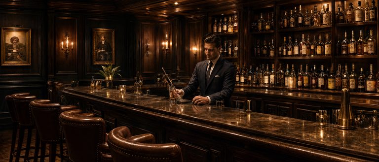 A long bar under lamplight with ranked bottles behind it and stools along its length