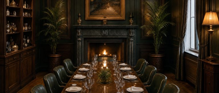 A long table laid for a dozen under one low light, in a panelled room with a chimneypiece behind it