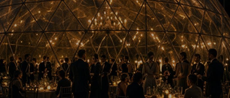 The glass pavilion at night from inside, its glazing bars picked out in light, with tables and standing figures under the dome