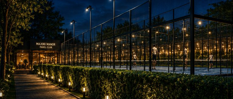 The whole complex at night: the clubhouse and its sign at the left, the lit path and hedge across the foreground, glazed courts running away to the right