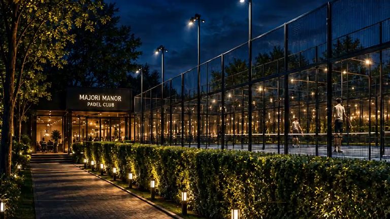 The lit path to the padel club after sunset: a clipped hedge uplit along it, the clubhouse at the end, glazed courts glowing to the right