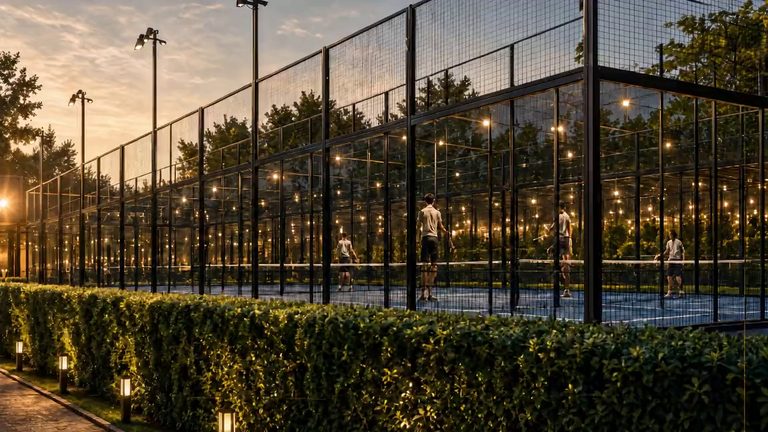 The courts late in the afternoon, seen along the hedge: glass and steel walls, blue-grey surfaces, players between them