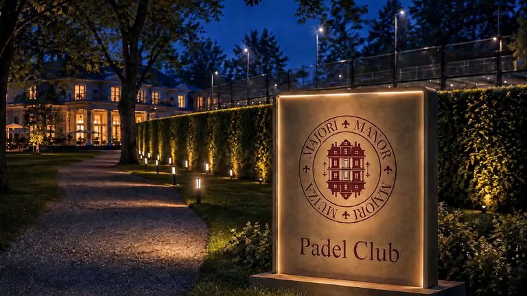 The lit club sign on the grass at blue hour, the clipped hedge running away behind it and the manor house lit at the end of the path