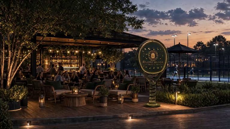The terrace at dusk: a long bar under a timber canopy, low seating with candle lanterns, the illuminated club racket, and a lit court beyond the planting