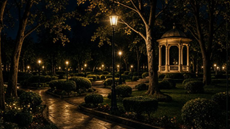 The park at night: a lit gravel path between clipped box and lamp posts, a stone rotunda under the trees