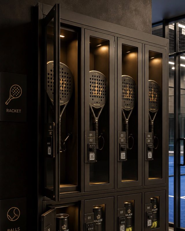 A lit cabinet of club rackets above a row of ball lockers, a court visible through the glass beyond