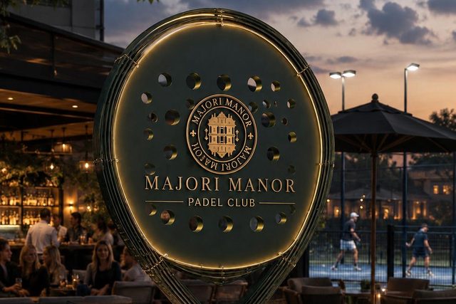 The bar under its canopy at dusk, the club racket standing on the deck, a lit court to the right