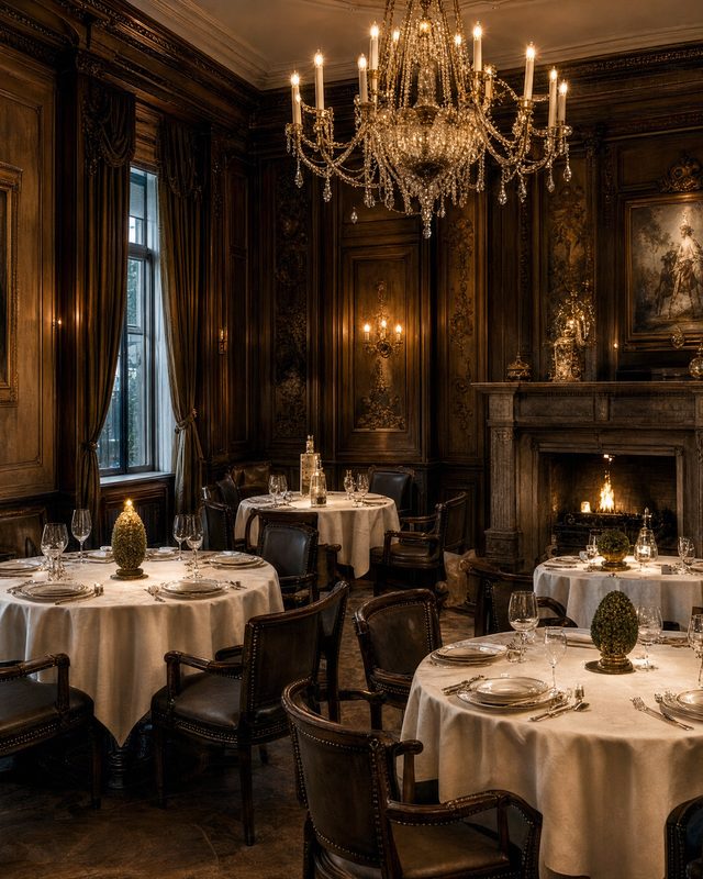 A laid table under a chandelier in a panelled dining room