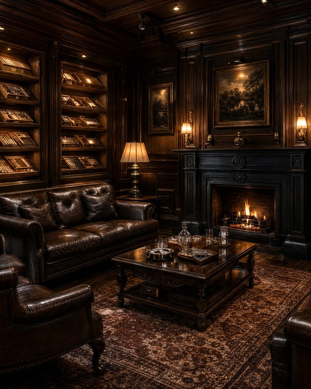 A dark panelled room with leather armchairs drawn up to a lit hearth