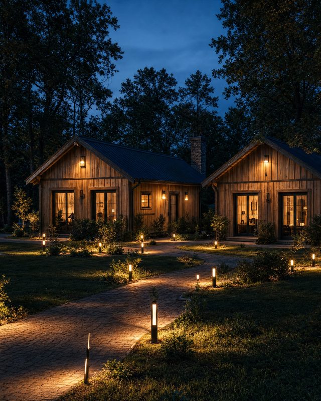 Timber cottages at night, a lit path running between them