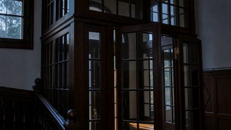 A glazed mahogany screen inside the manor at first light, one tall door leaf standing open on the room beyond, with the stair balustrade in the foreground and daylight in the windows