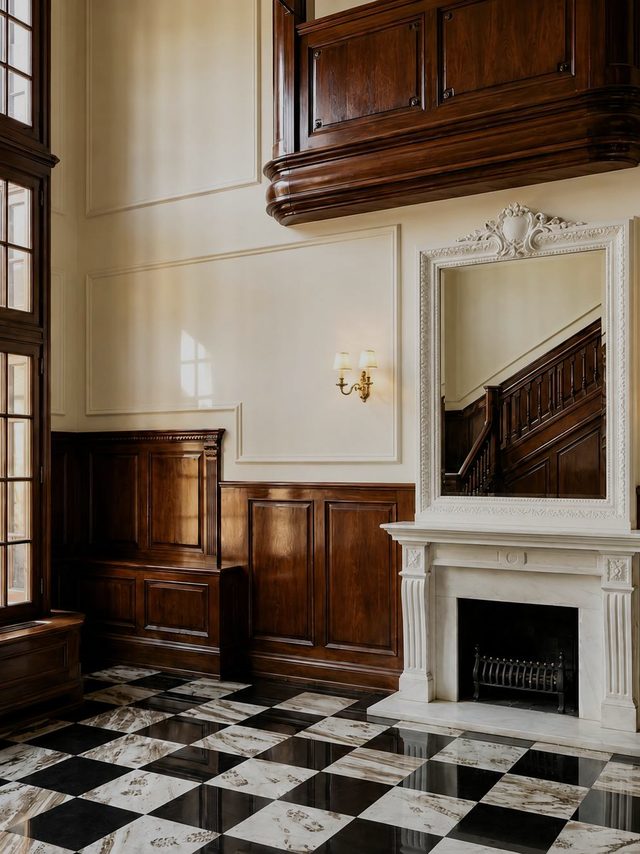 A carved marble chimneypiece under a mirror, between panelled walls, on a chequered marble floor