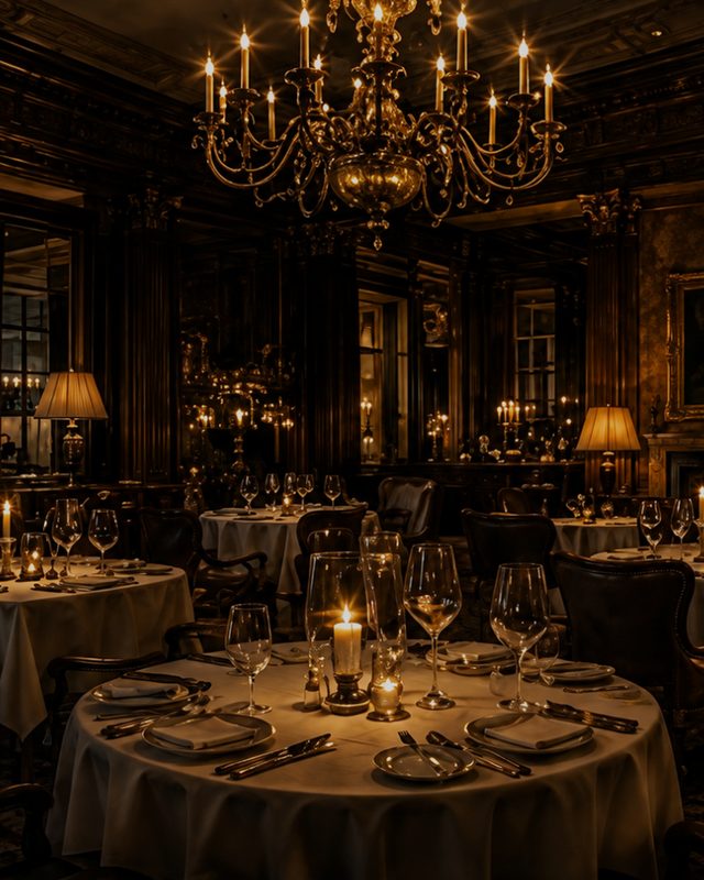 A panelled dining room under a candle chandelier, its tables laid and a mirrored overmantel at the far end