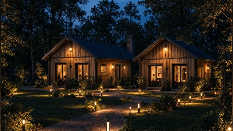 Two timber cottages among trees at night, their windows warm and a lit path running between them