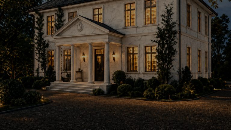 The lit ground floor of a white house at blue hour, its door open under a columned portico above a cobbled forecourt