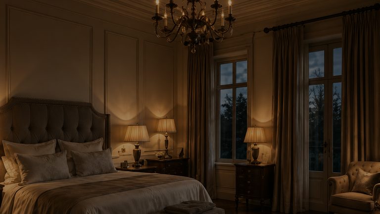 A panelled bedroom under a chandelier, its bedside lamps lit and the tall windows dark